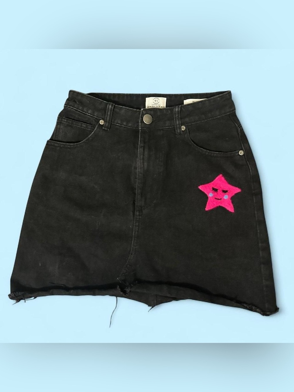 Hand embellished A line mini denim skirt